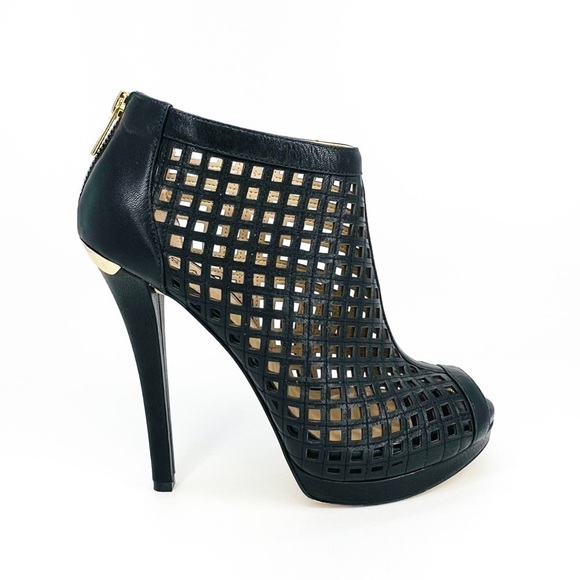 MICHAEL Michael Kors Caged Heels Black Leather Bootie Platform Peep Toe Size 8 - Picture 4 of 11